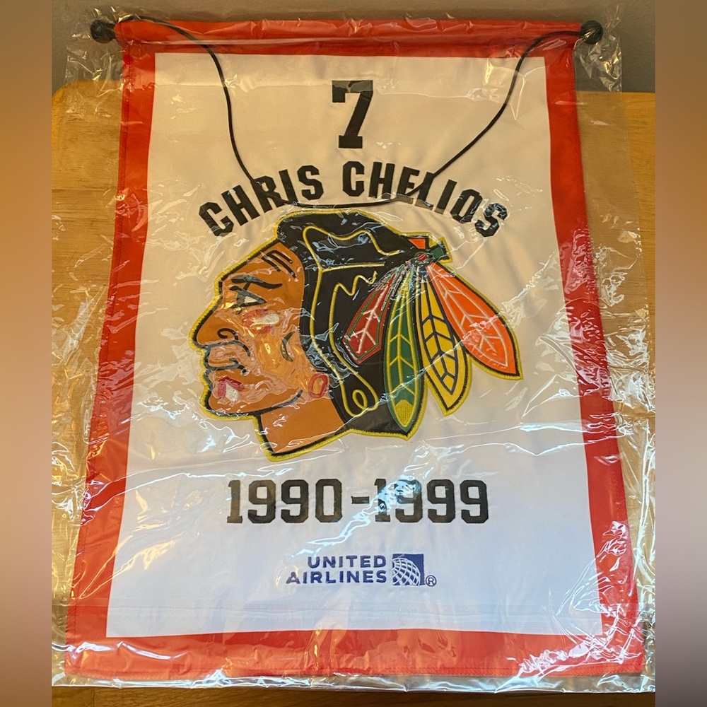 Chicago Blackhawks SGA Chris Chelios retirement banner. Brand new